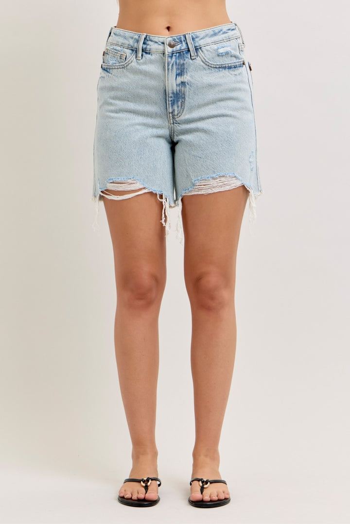 LT Distressed high-rise denim shorts with raw frayed hem