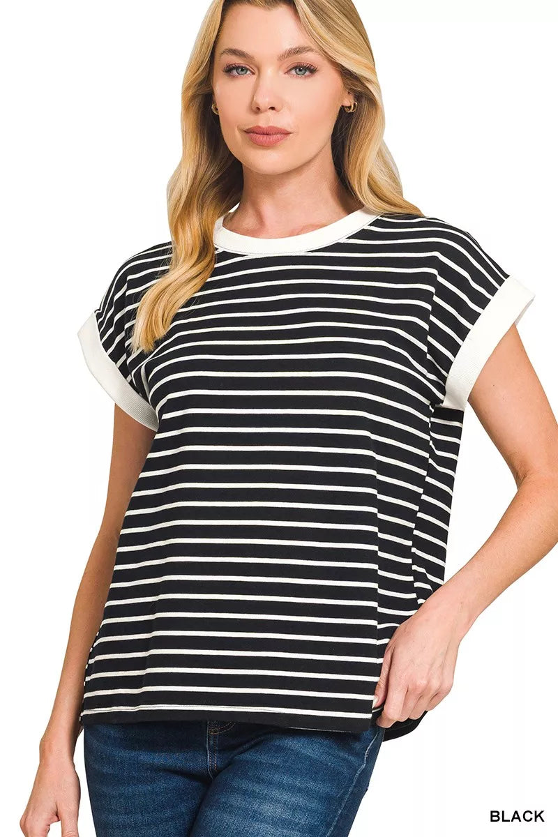 BLACK Contrast trim striped cap sleeve tee