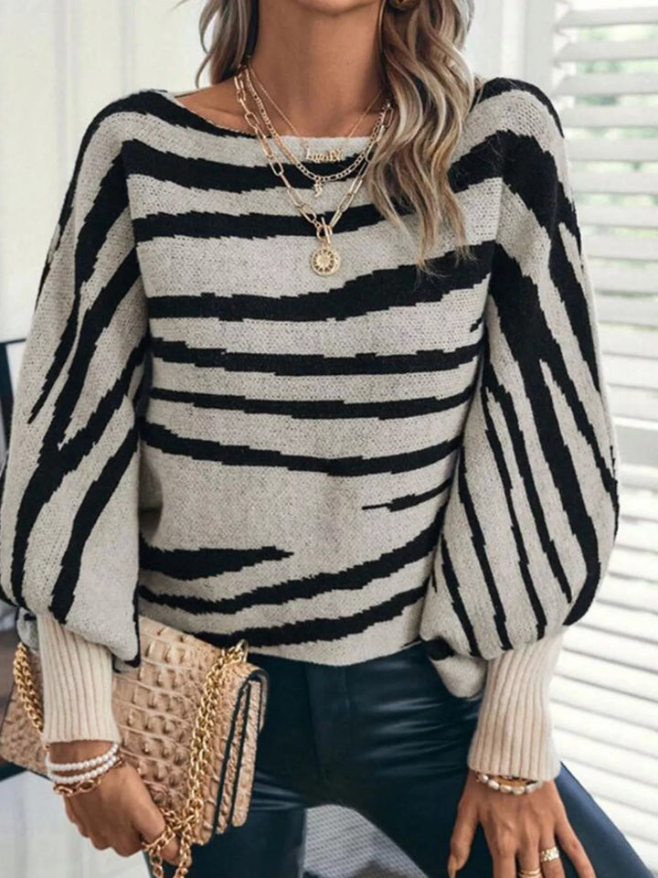 Striped lantern sleeve boat neck knit sweater