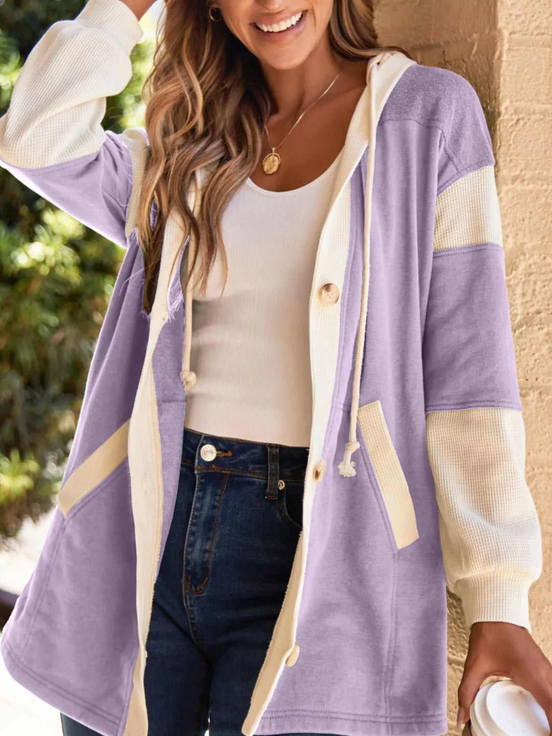 Oversized waffle knit color block button-front hoodie