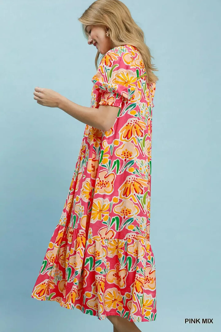 Bold floral puff sleeve tiered midi dress with pockets