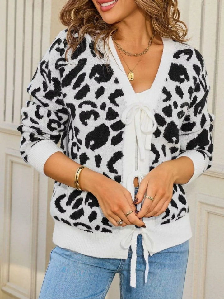 Long sleeve leopard print tie-front knit cardigan