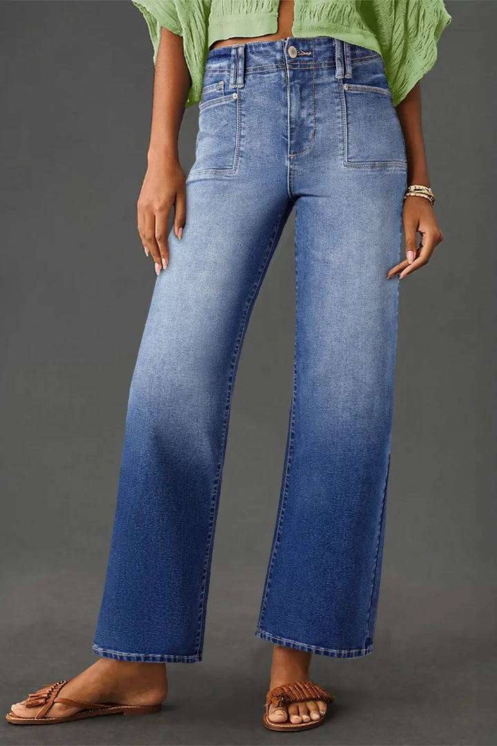 Dusty Blue Vintage wash high-rise wide-leg jeans with patch pockets