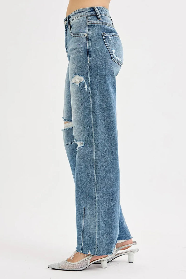 Distressed mid-rise wide-leg baggy jeans with raw hem