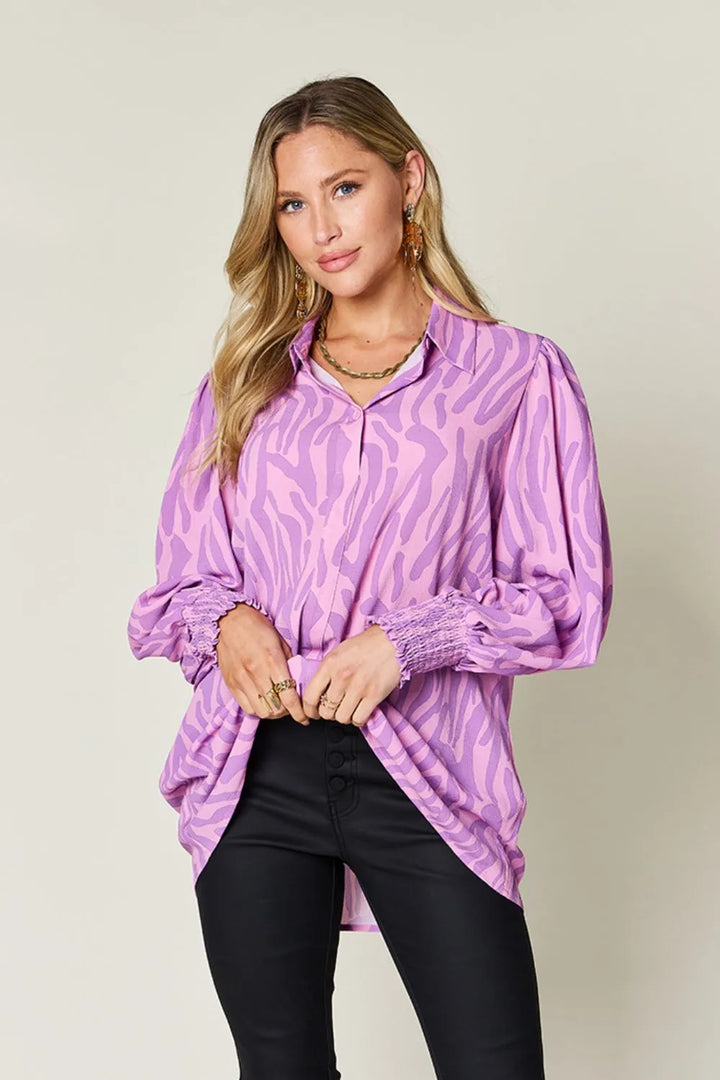 Lavender Zebra print smocked-cuff long sleeve blouse