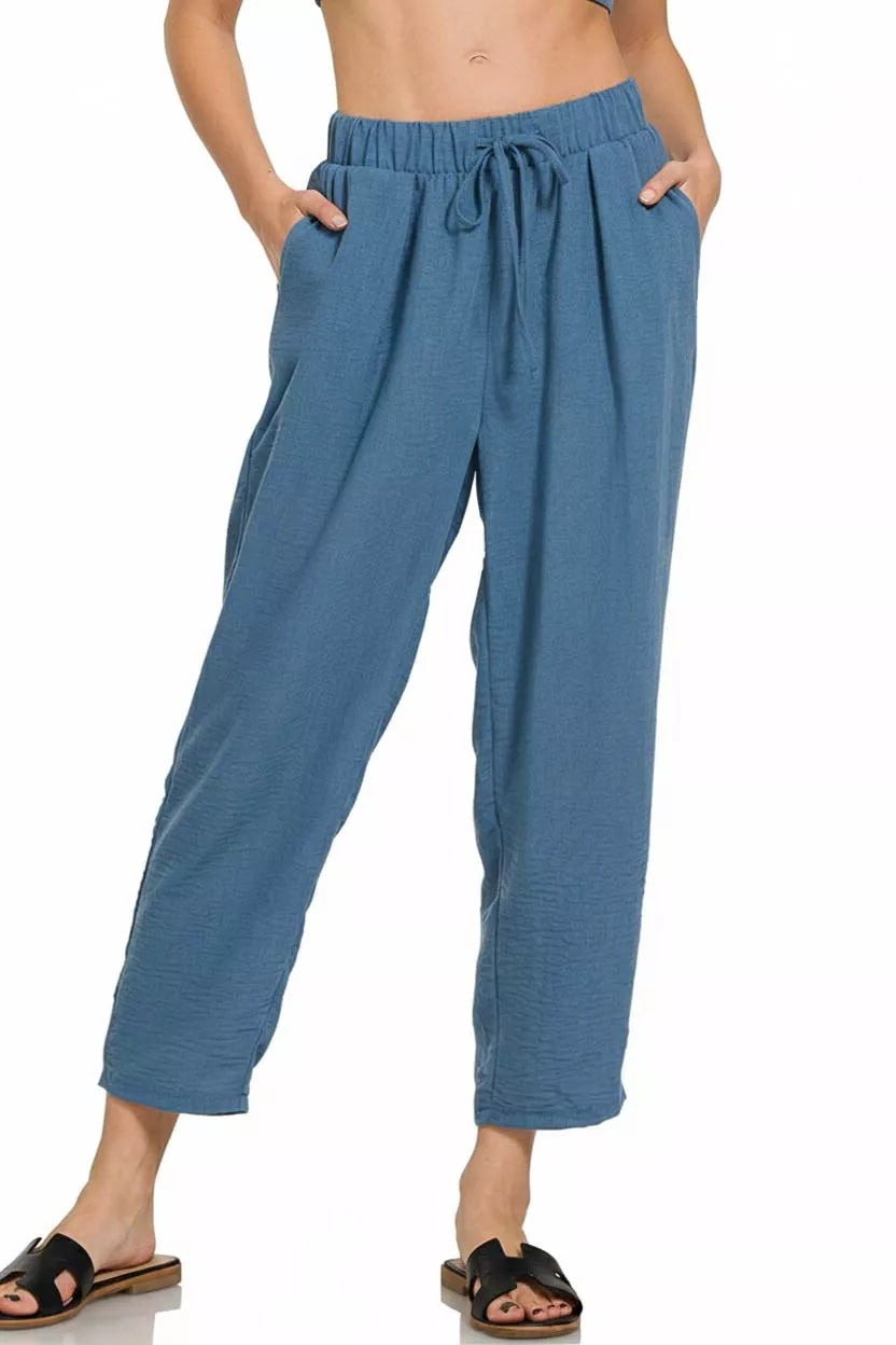 Woven crepe elastic-waist drawstring cropped pants