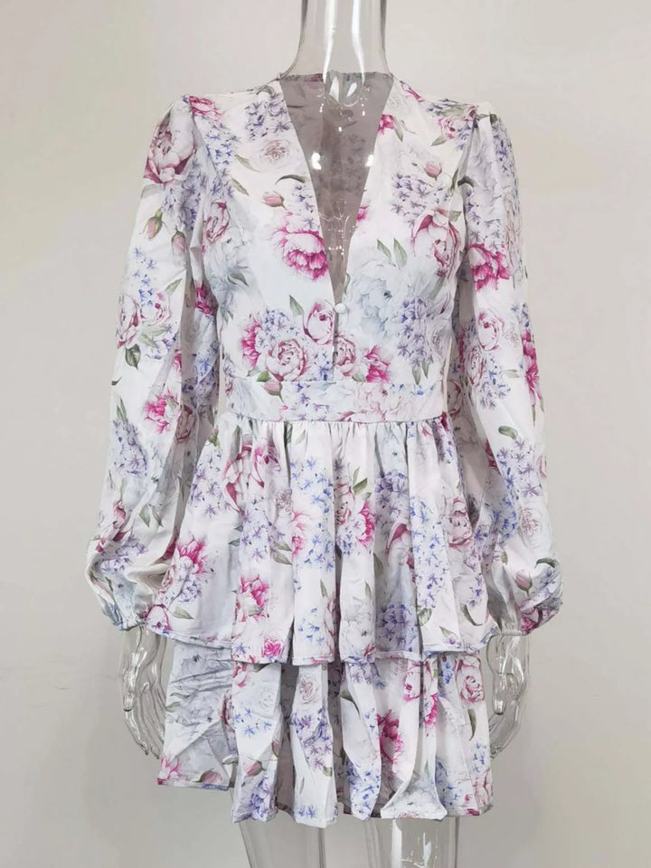Floral puff sleeve plunge V-neck tiered mini dress
