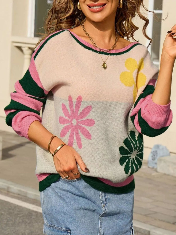 Retro floral knit sweater with striped sleeves