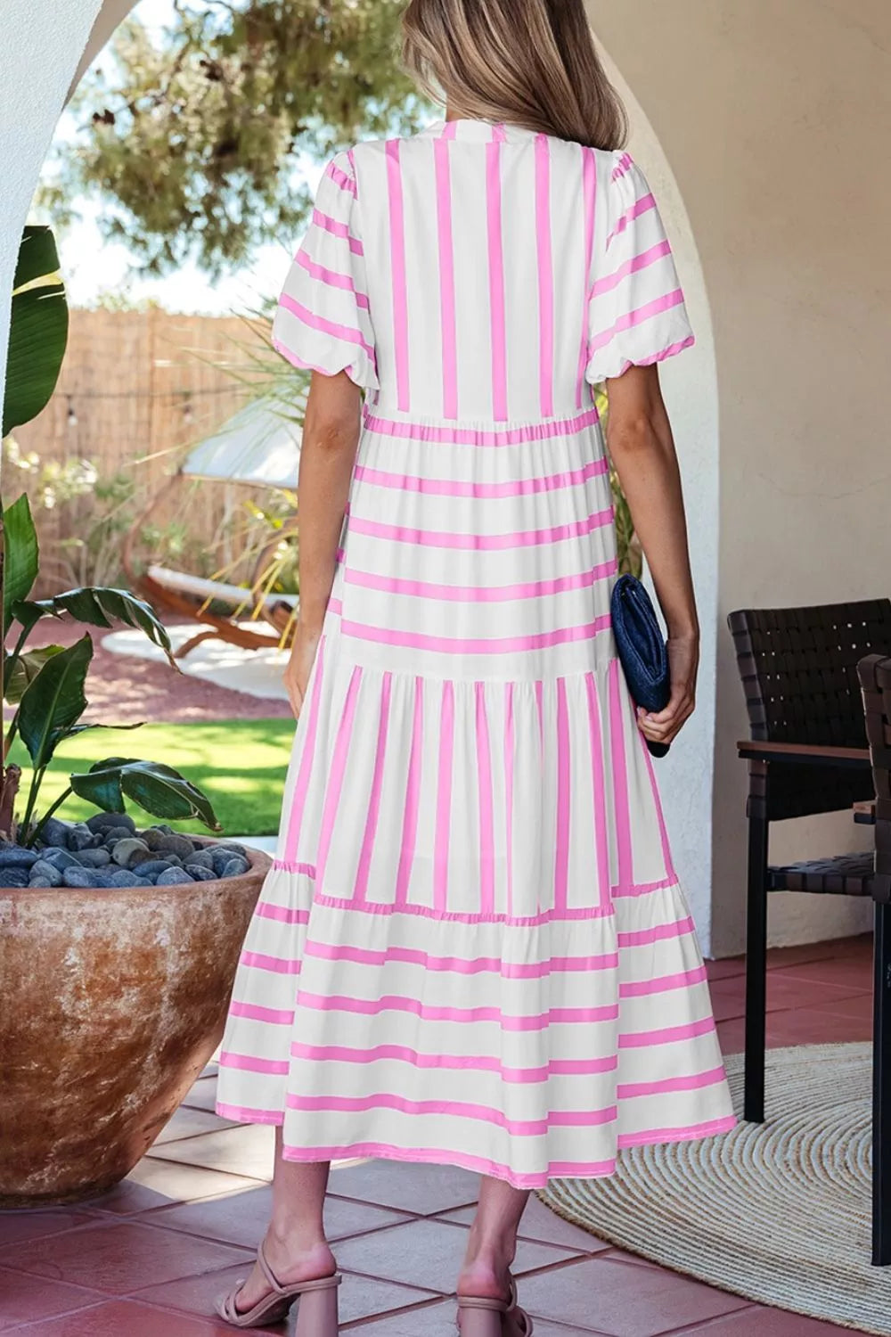 Striped ricrac trim notched neck tiered maxi dress