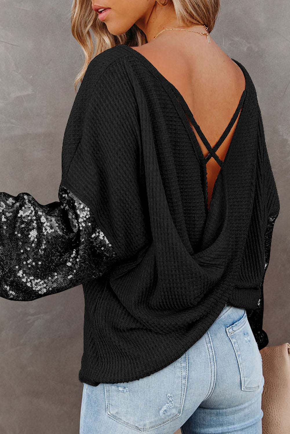 Sequin-sleeve waffle-knit top with wide neckline