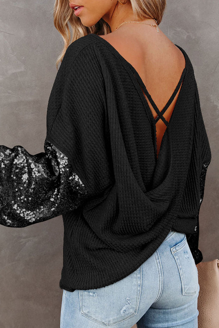 Sequin-sleeve waffle-knit top with wide neckline