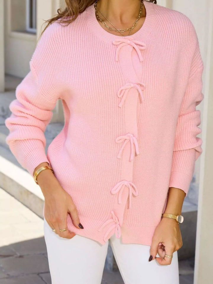 Ribbed knit bow-tie button-front cardigan
