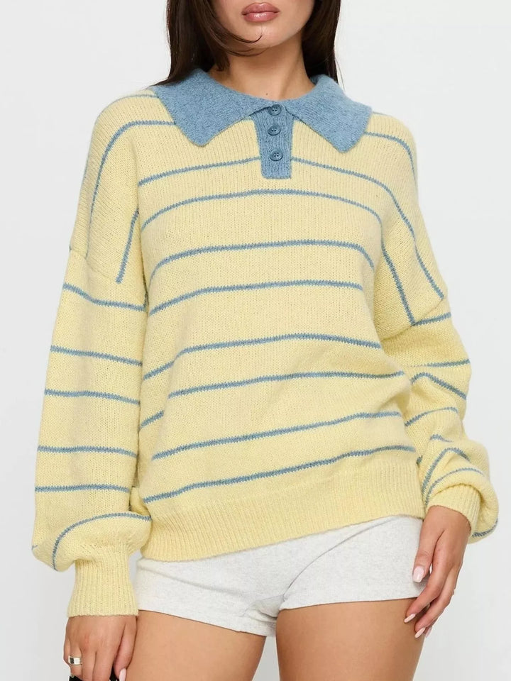 Yellow Relaxed striped knit polo sweater with contrast collar