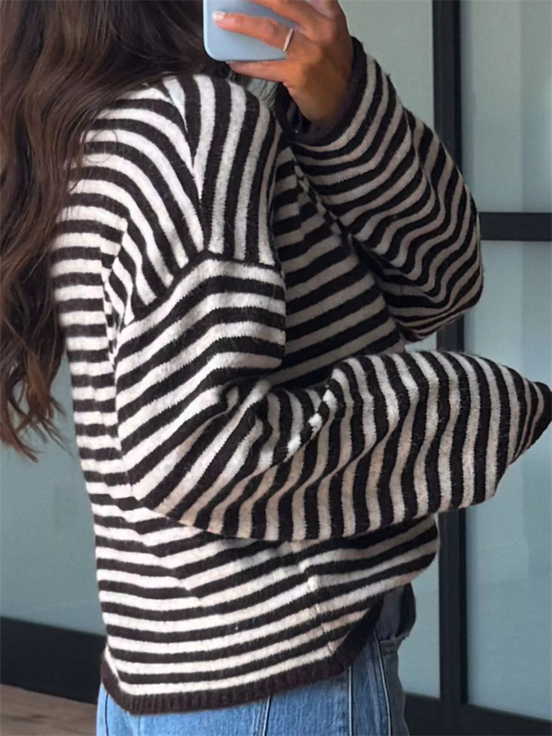Striped dropped-shoulder collared sweater with button placket