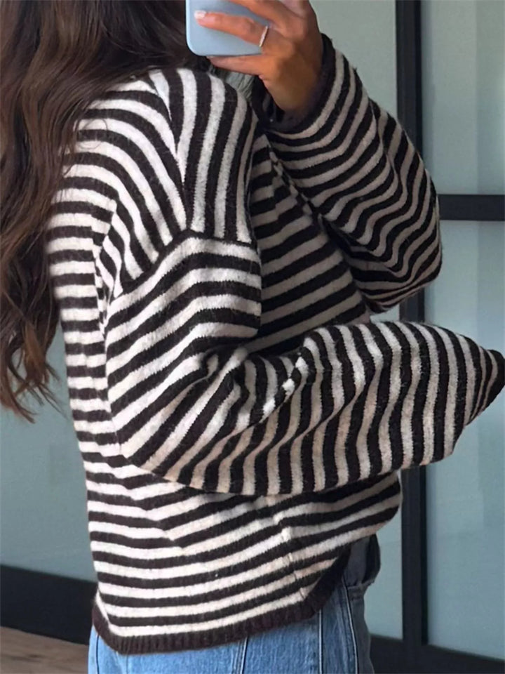 Striped dropped-shoulder collared sweater with button placket