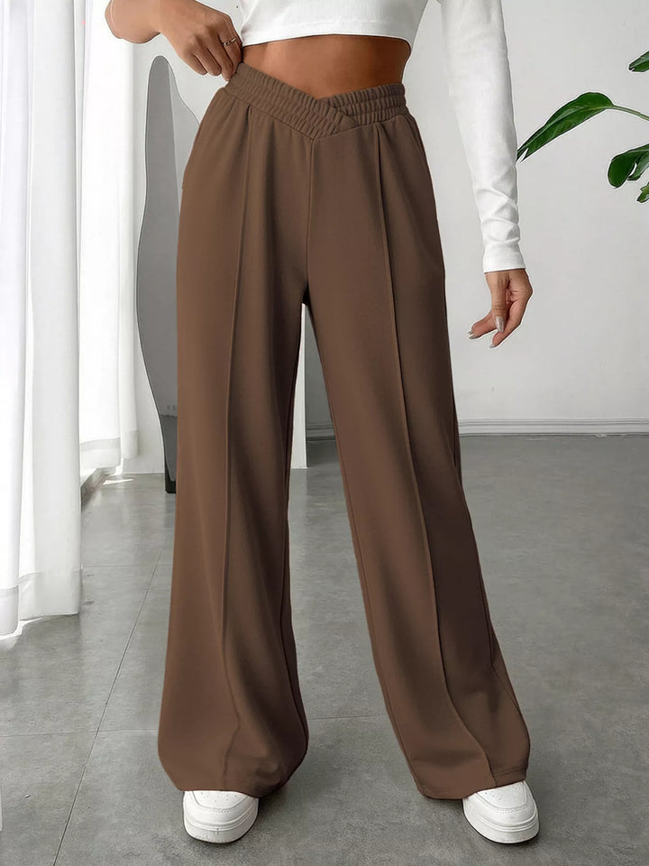 Brown High waist wide leg pull-on pants with V-notch waistband