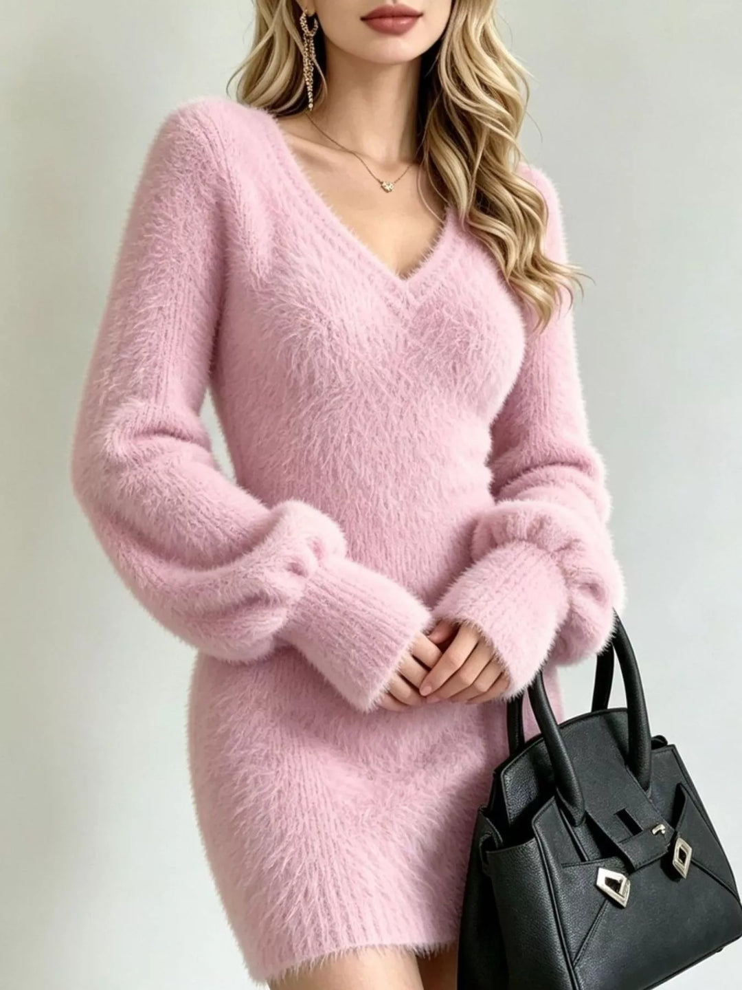 Fuzzy eyelash knit V-neck sweater mini dress