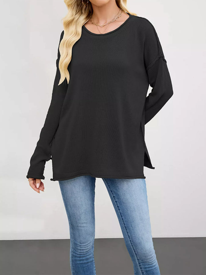 Black Exposed seam oversized crew neck sweater with raw hem