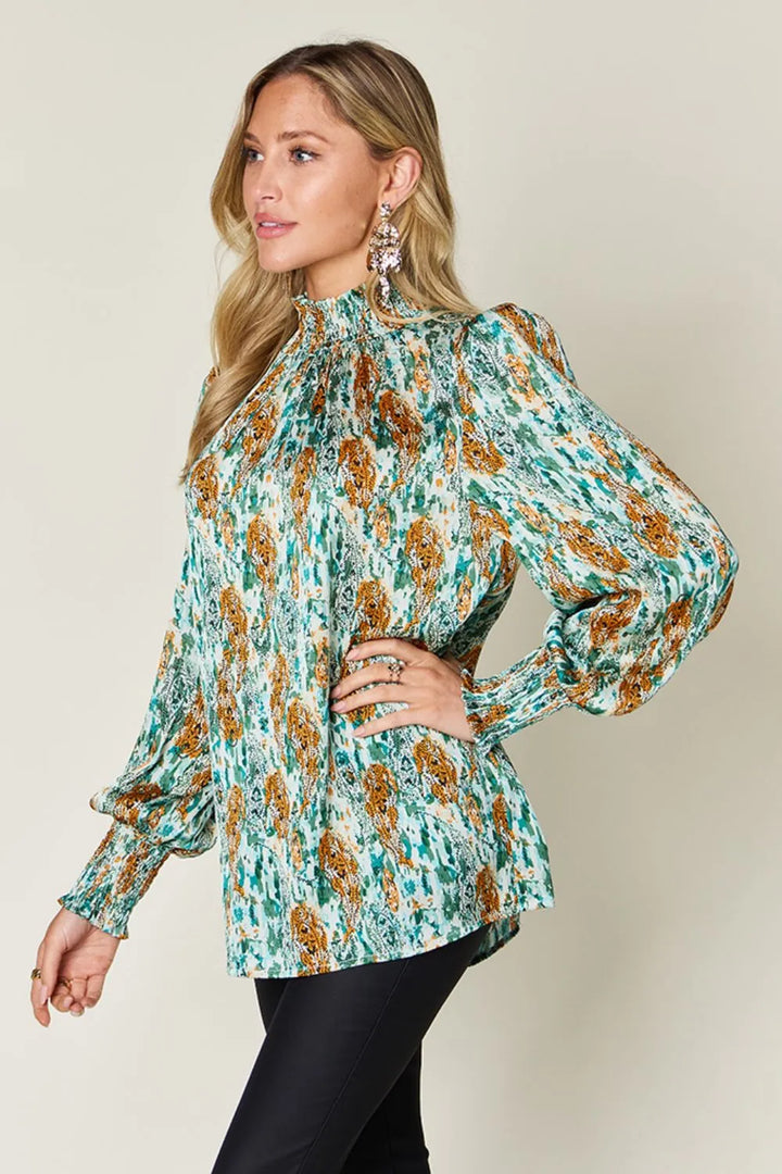 Printed smocked frill mock neck long sleeve blouse