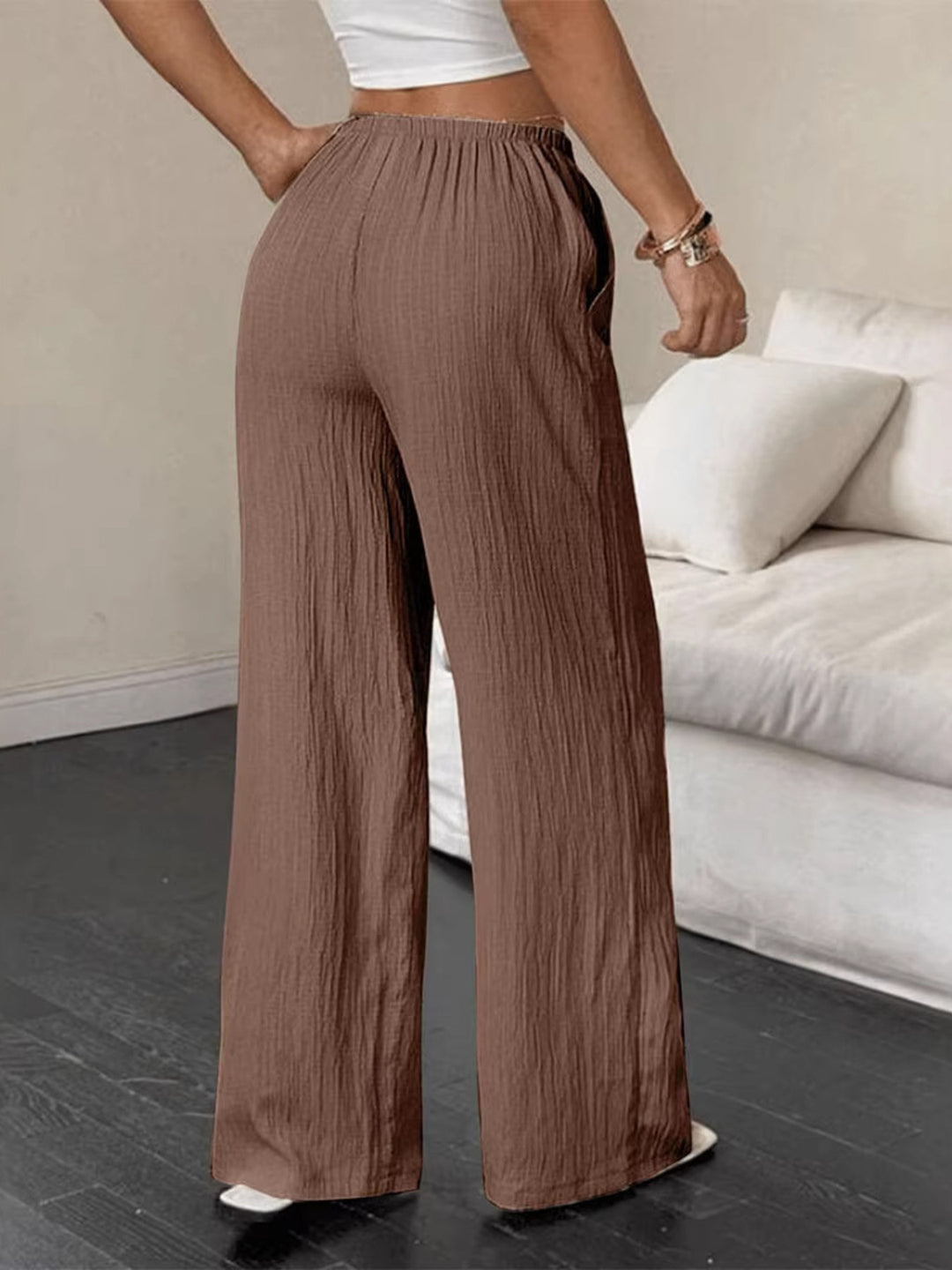 Crinkle textured wide leg pants with drawstring waist