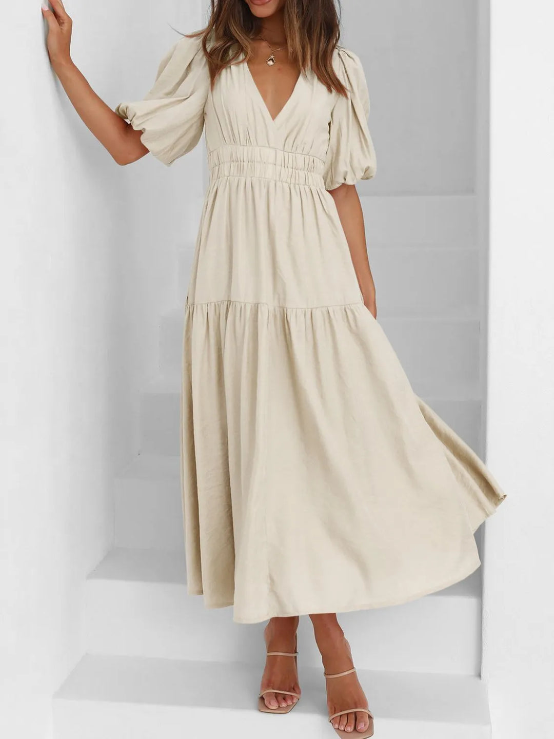 Ruched waist puff sleeve v-neck tiered midi dress