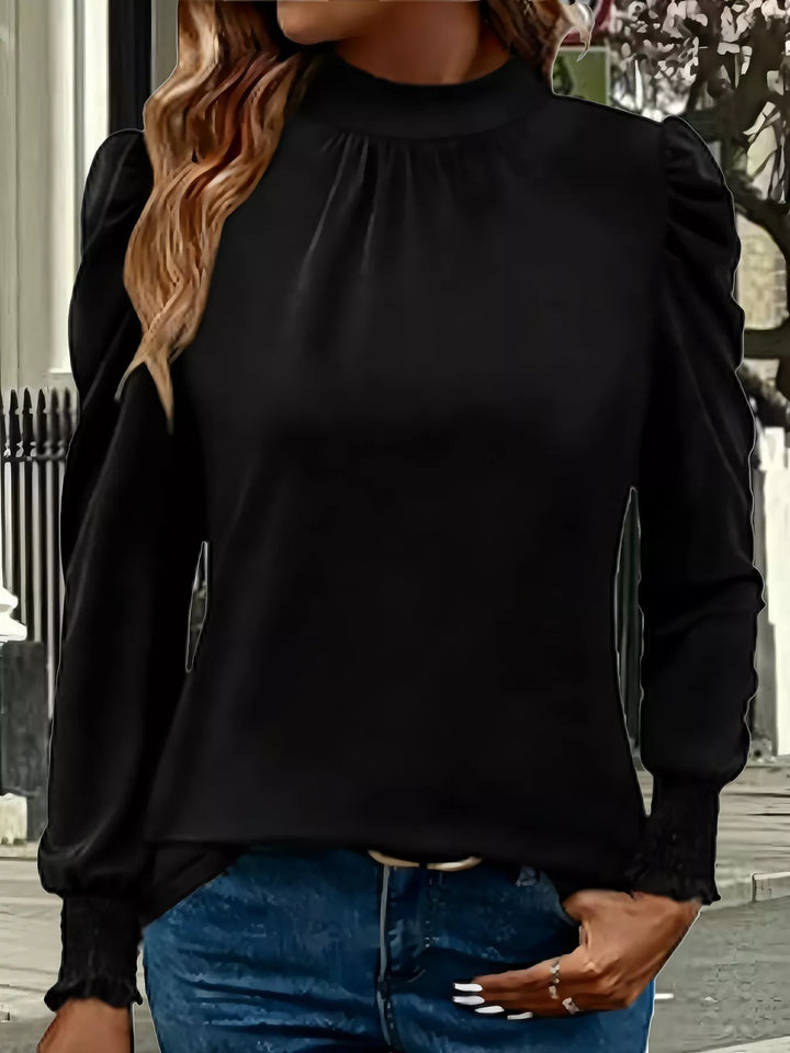 Black Mock neck puff sleeve blouse with smocked cuffs