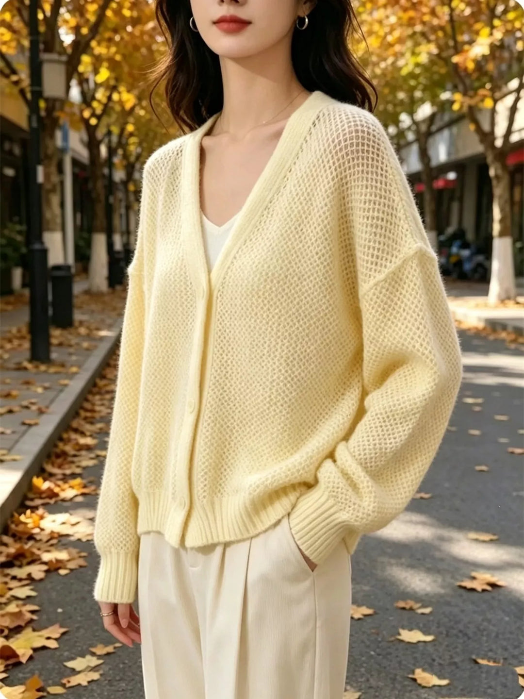 Open-knit V-neck button-front cardigan with ribbed trim