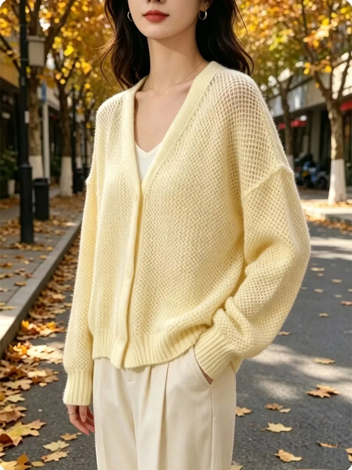 Open-knit V-neck button-front cardigan with ribbed trim