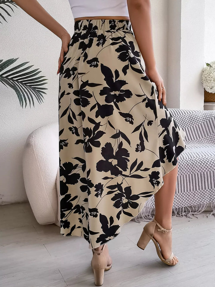 Khaki Floral print asymmetrical ruffle hem midi skirt