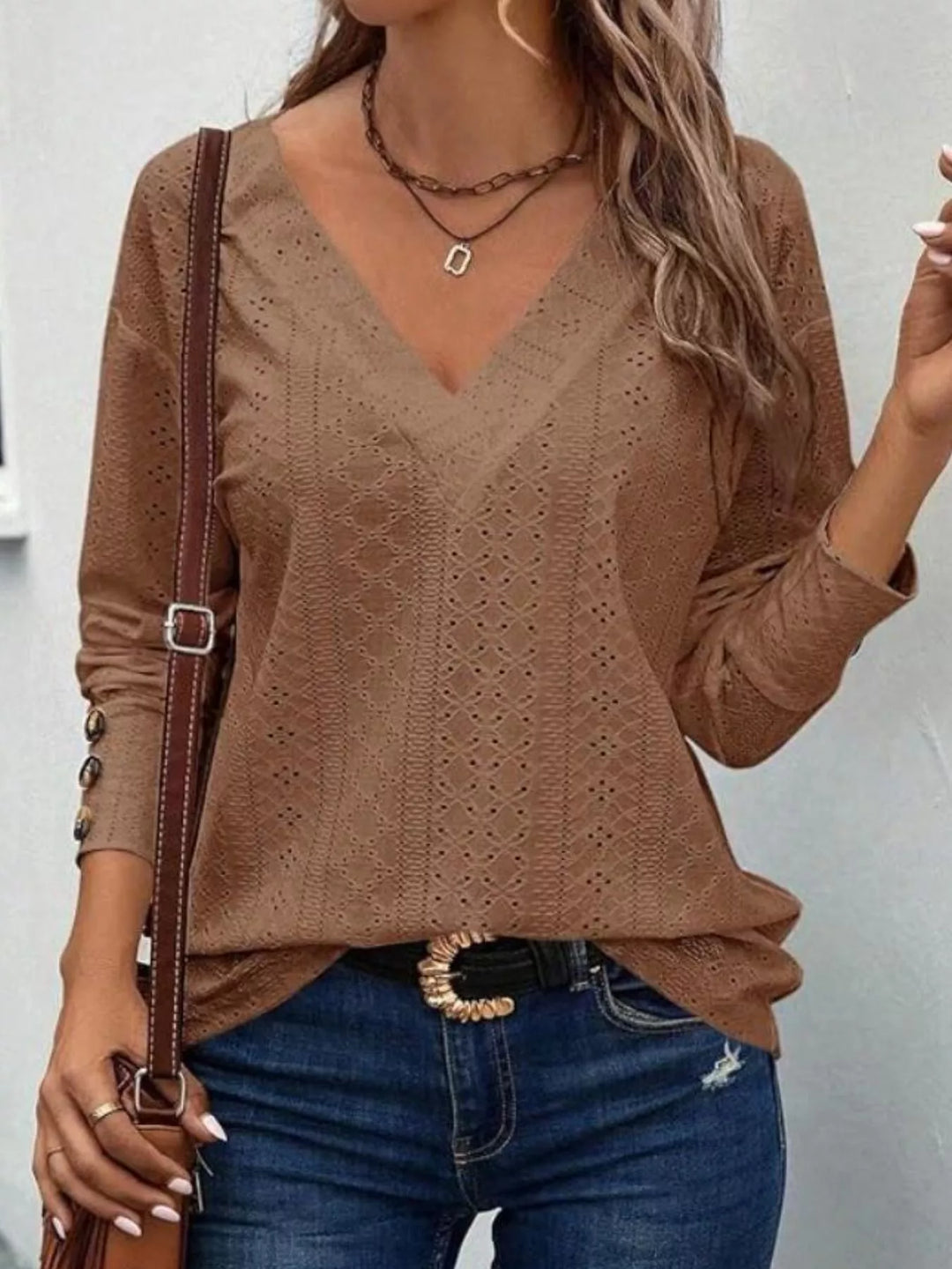 Taupe Eyelet V-neck long sleeve top with button cuffs
