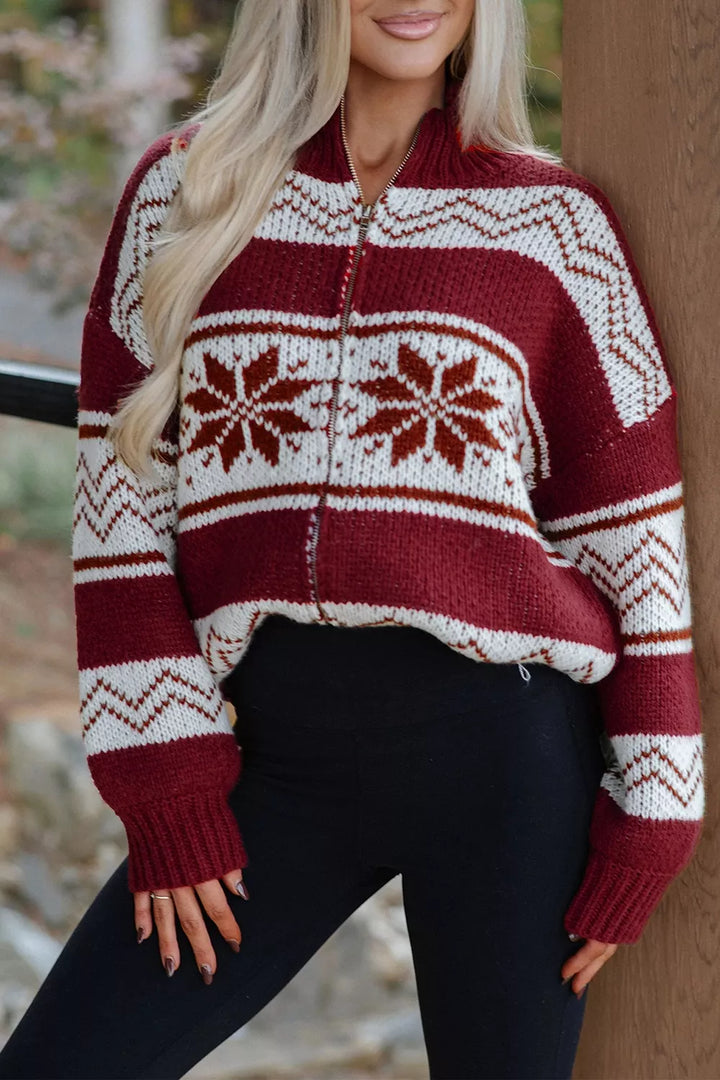 Snowflake Fair Isle zip-up knit cardigan with mock neck