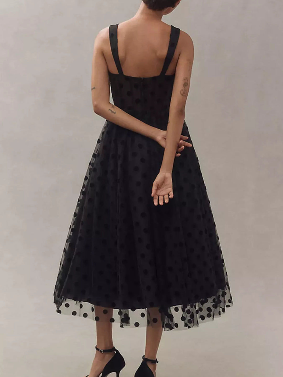 Polka dot tulle midi dress with sweetheart neckline