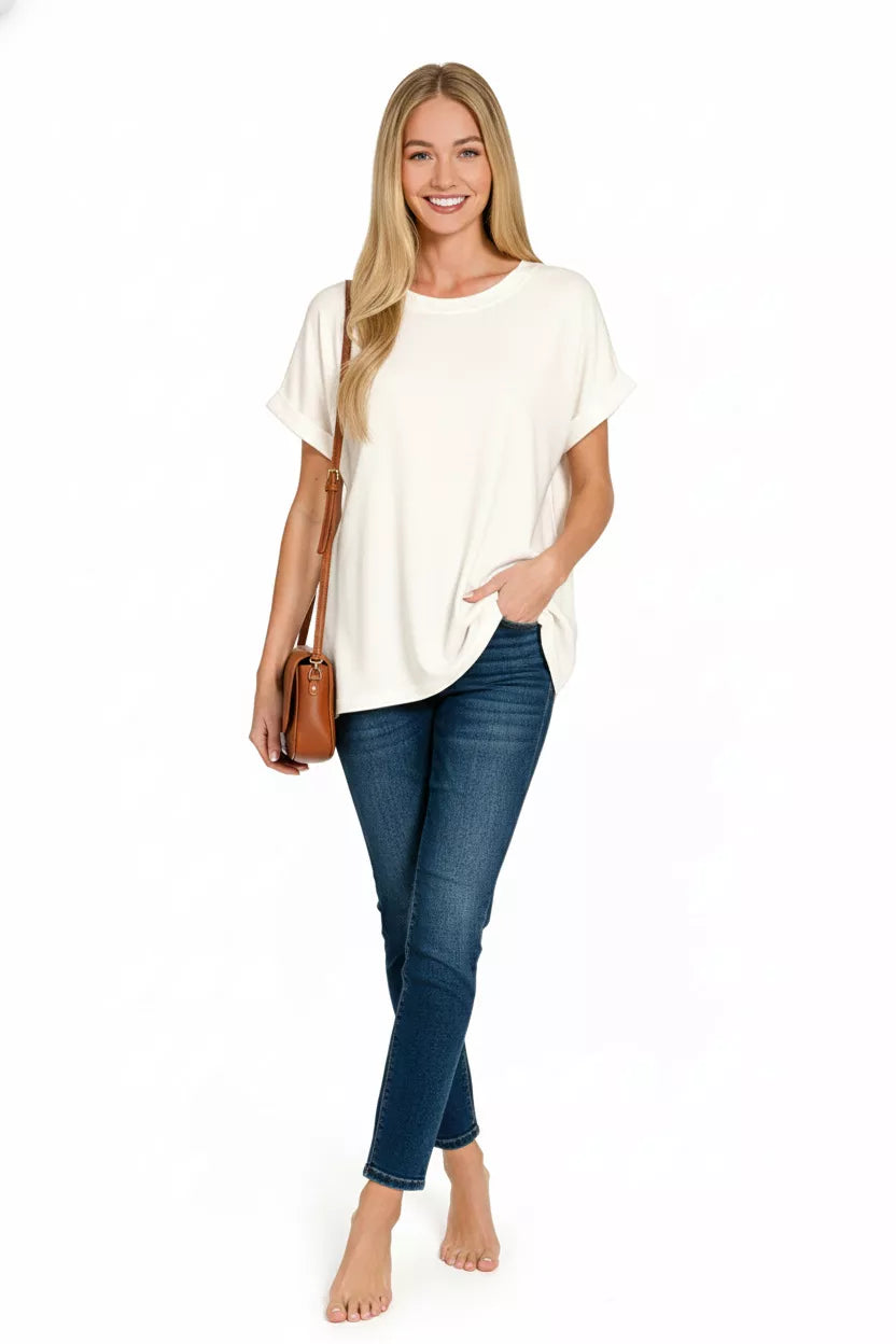 Melange hacci knit short sleeve round neck top