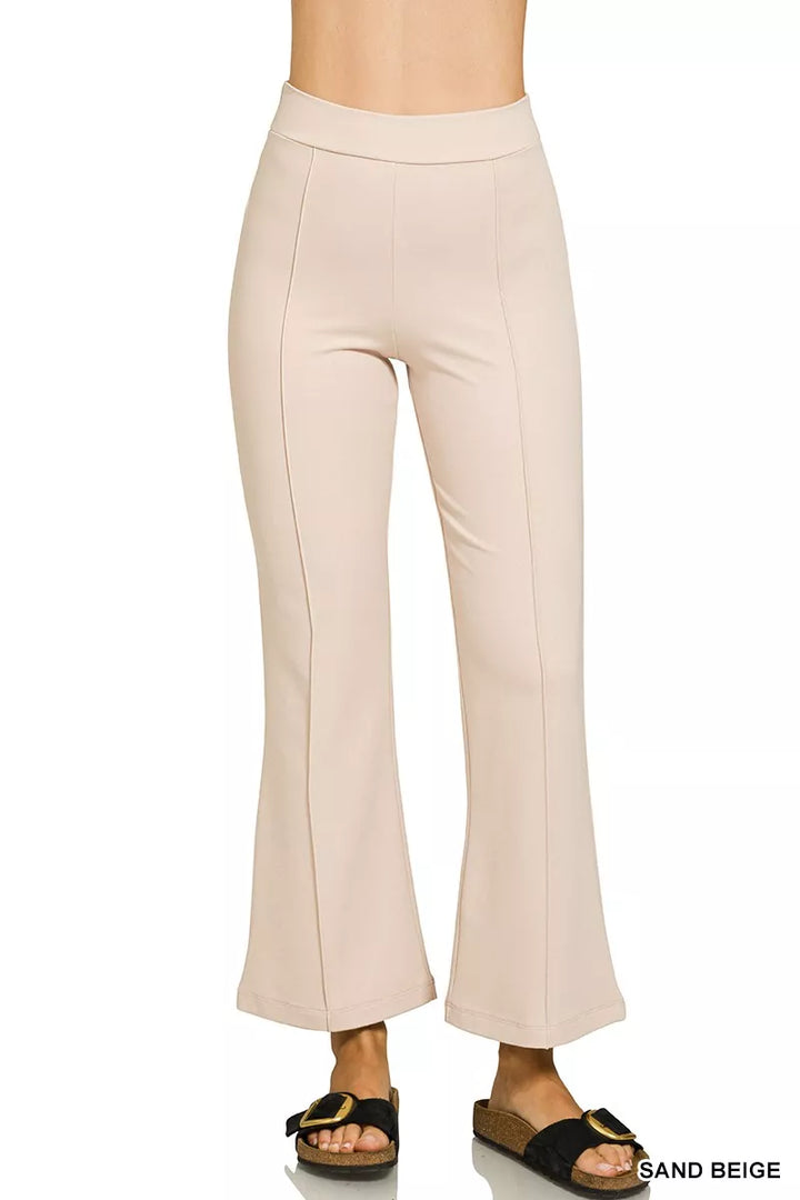 SAND BEIGE Pintuck front ponte flare pants with elastic waistband