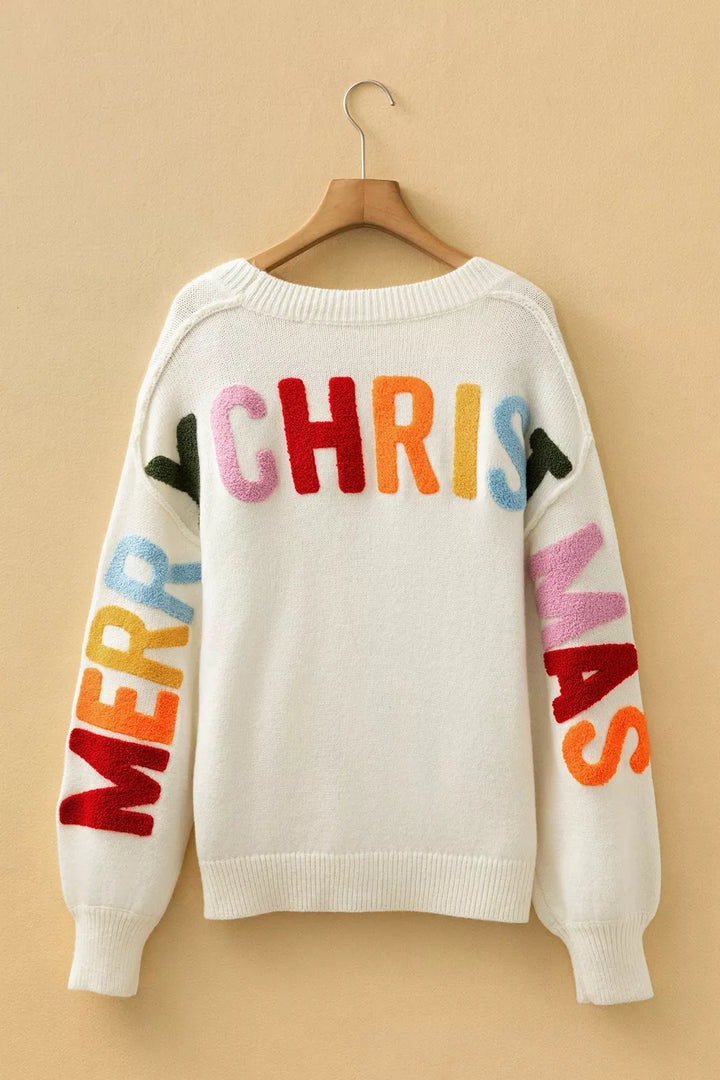 Ho Ho Ho chenille letter button-up knit cardigan