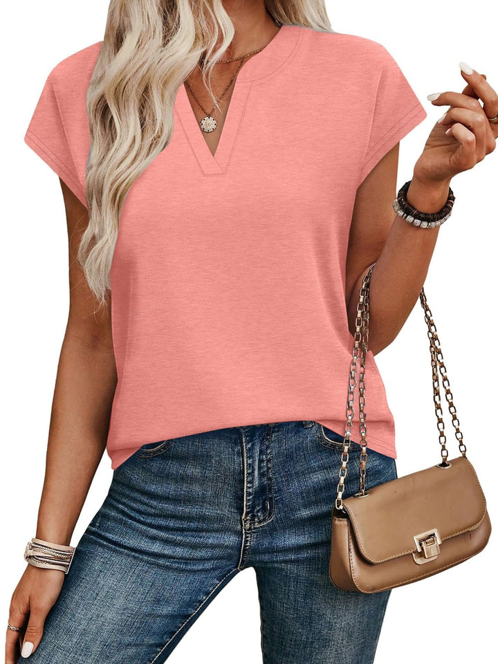 Notched V-neck short sleeve relaxed knit top