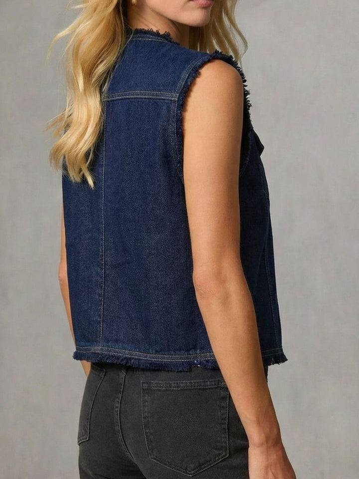 Frayed hem denim vest with V-neck button front