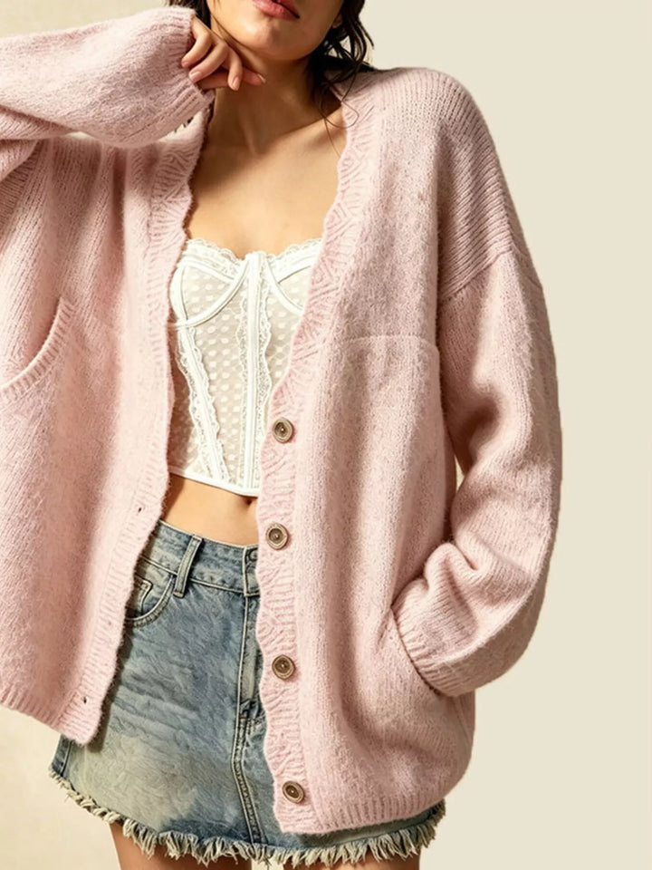 Oversized V-neck button-down knit cardigan with textured trim