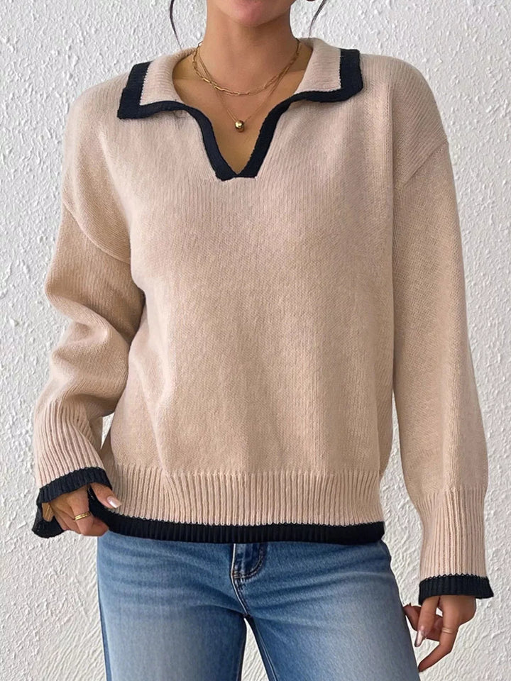 Khaki Contrast trim polo collar knit pullover sweater