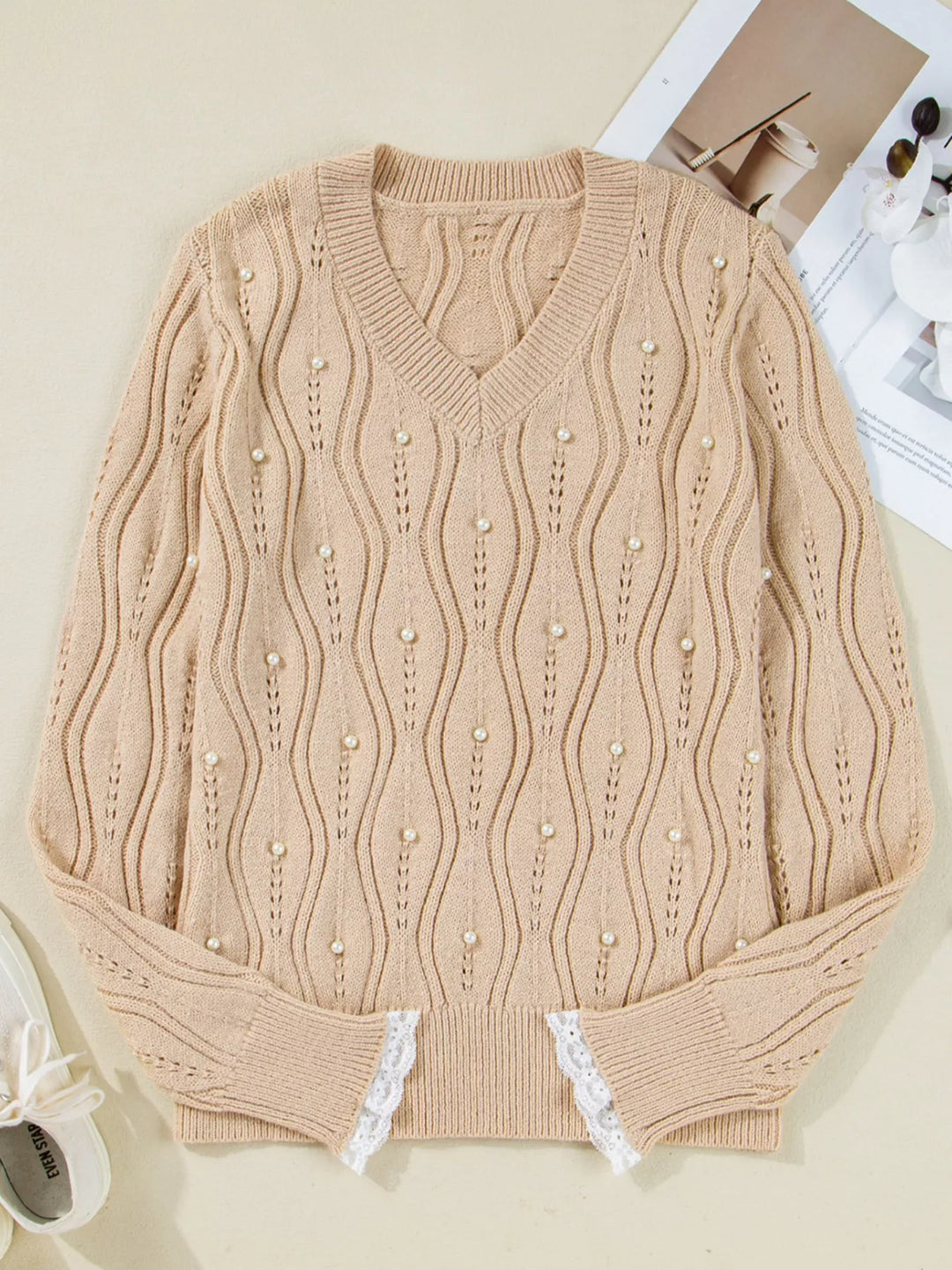 Pearl embellished pointelle knit sweater with lace cuffs