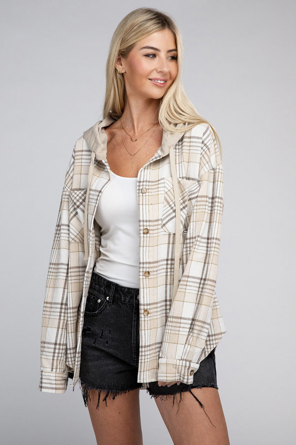 Plaid Hooded Button Up Jacket - Azoroh