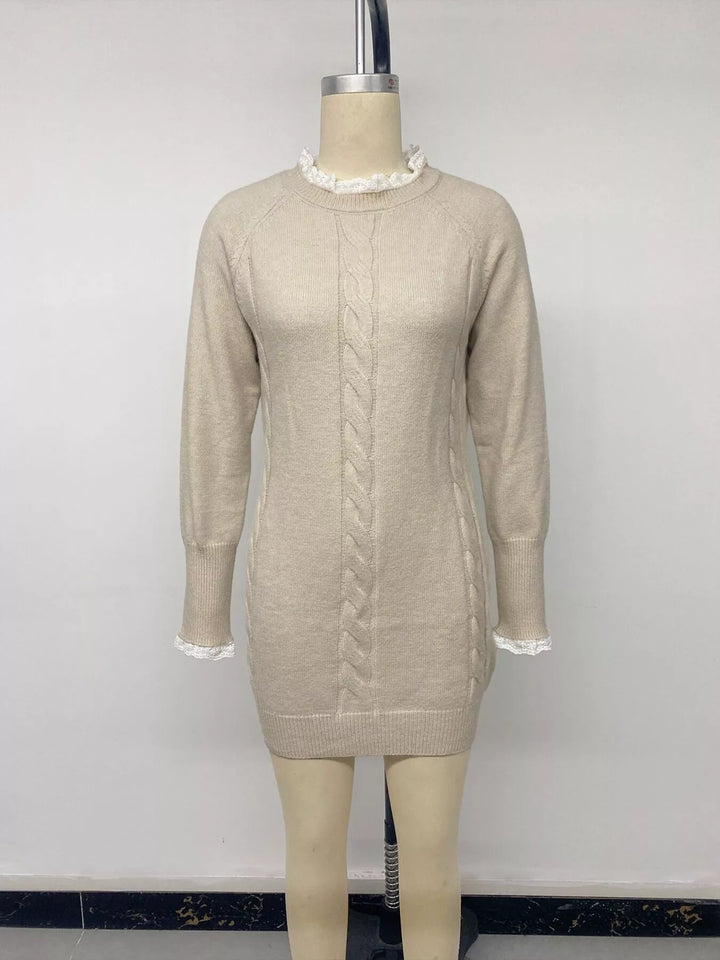 Cable knit raglan sweater dress with lace trim neckline