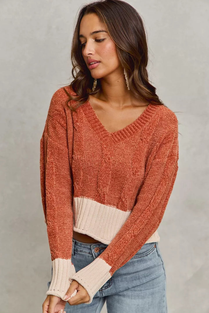 RUST Chenille cable knit v-neck cropped sweater with contrast trim