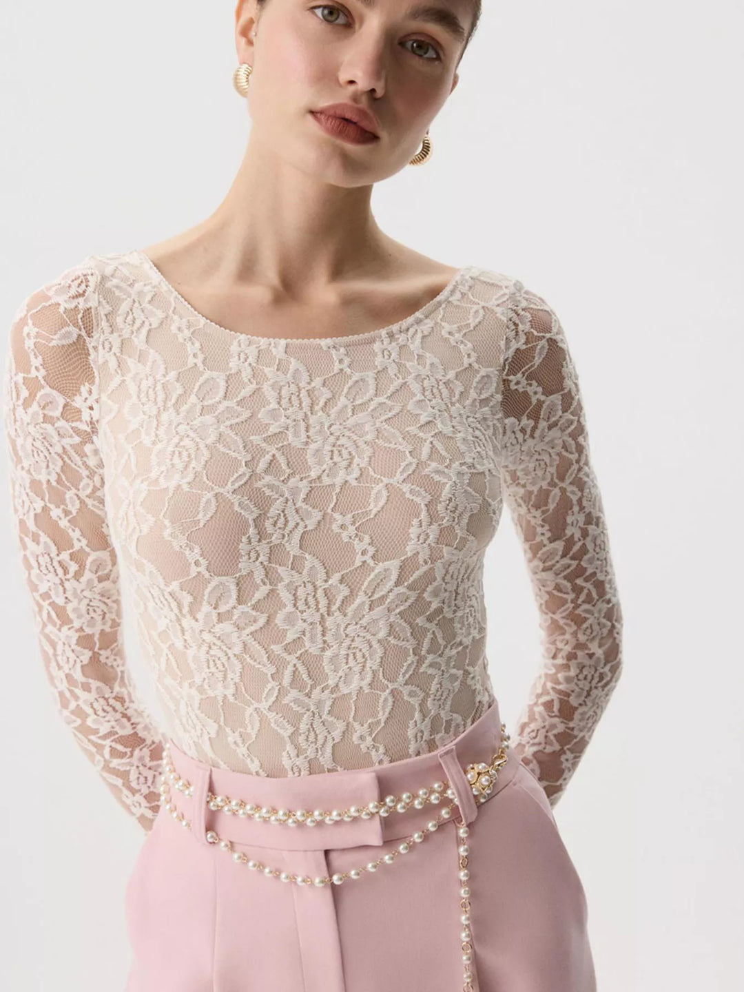 Sheer floral lace round neck long sleeve top