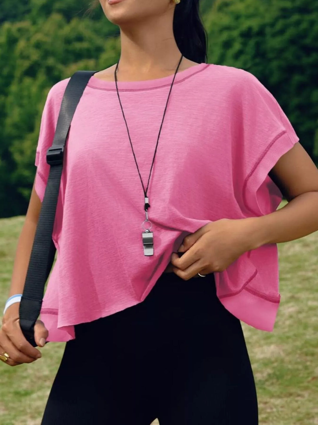 Cutout back boxy crew neck tee with exposed seams