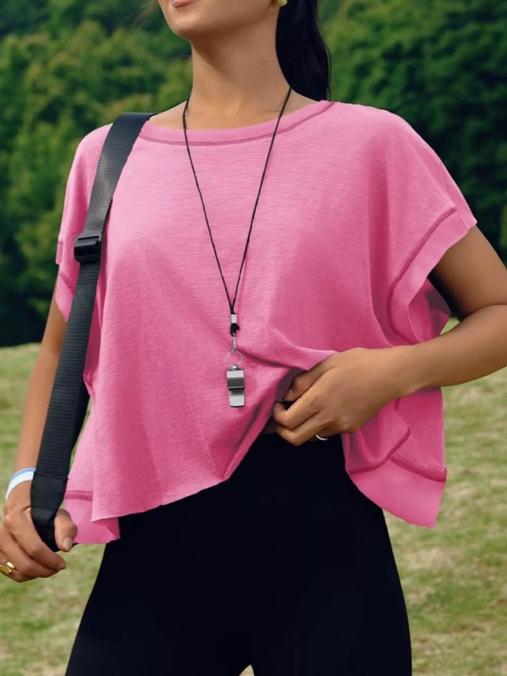 Cutout back boxy crew neck tee with exposed seams