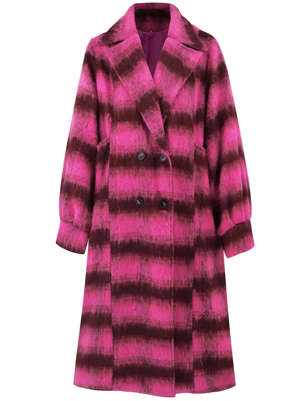 Plaid double-breasted longline coat with notch lapel