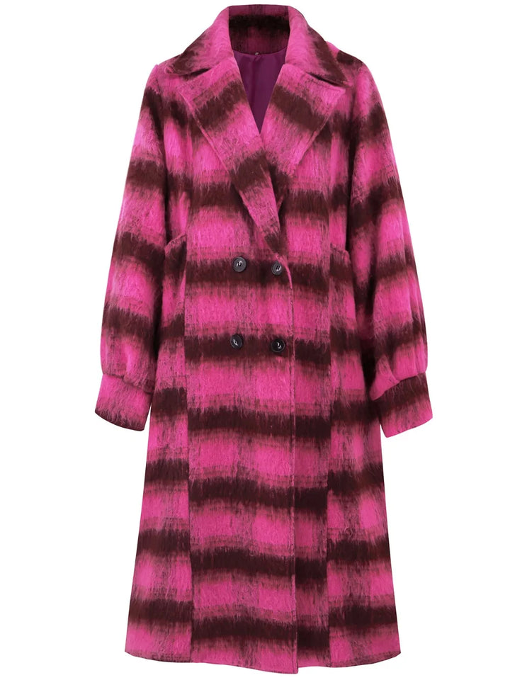 Plaid double-breasted longline coat with notch lapel
