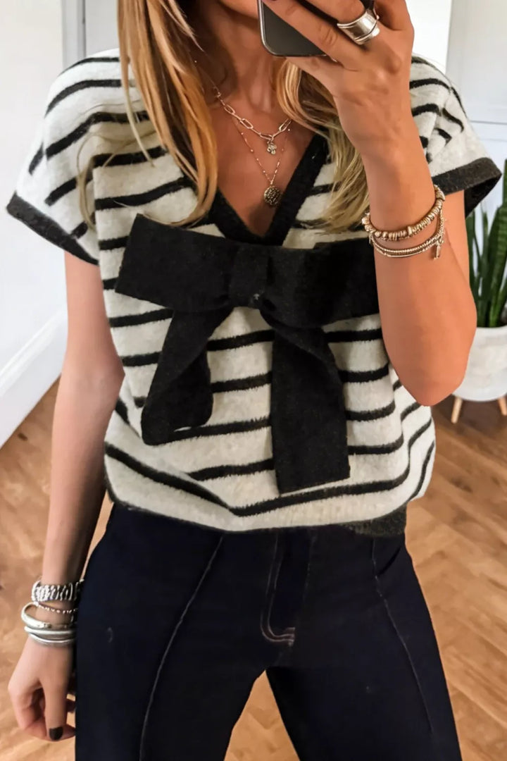 Striped short sleeve knit top with oversized bow