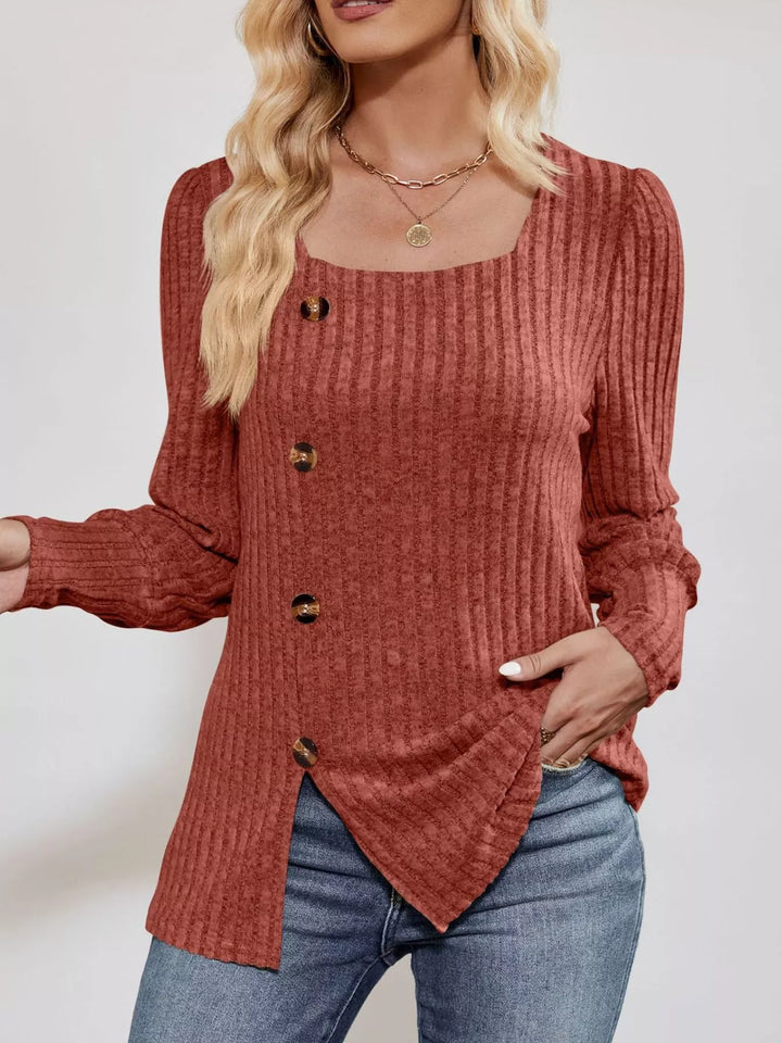 Terracotta Ribbed knit square-neck top with button trim and side slit